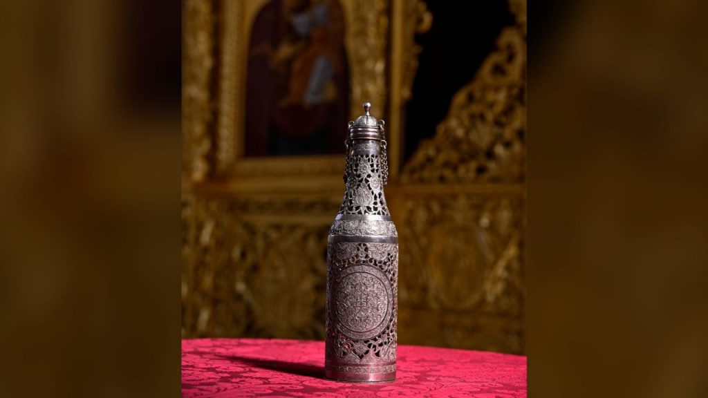 The silver urn containing the chrism oil ready for the coronation.