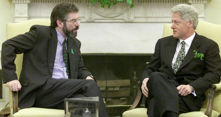Bill Clinton meets with former Sinn Fein leader Gerry Adams in the Oval Office of the White House on St. Patrick's Day in Washington D.C., March 17, 2000.

